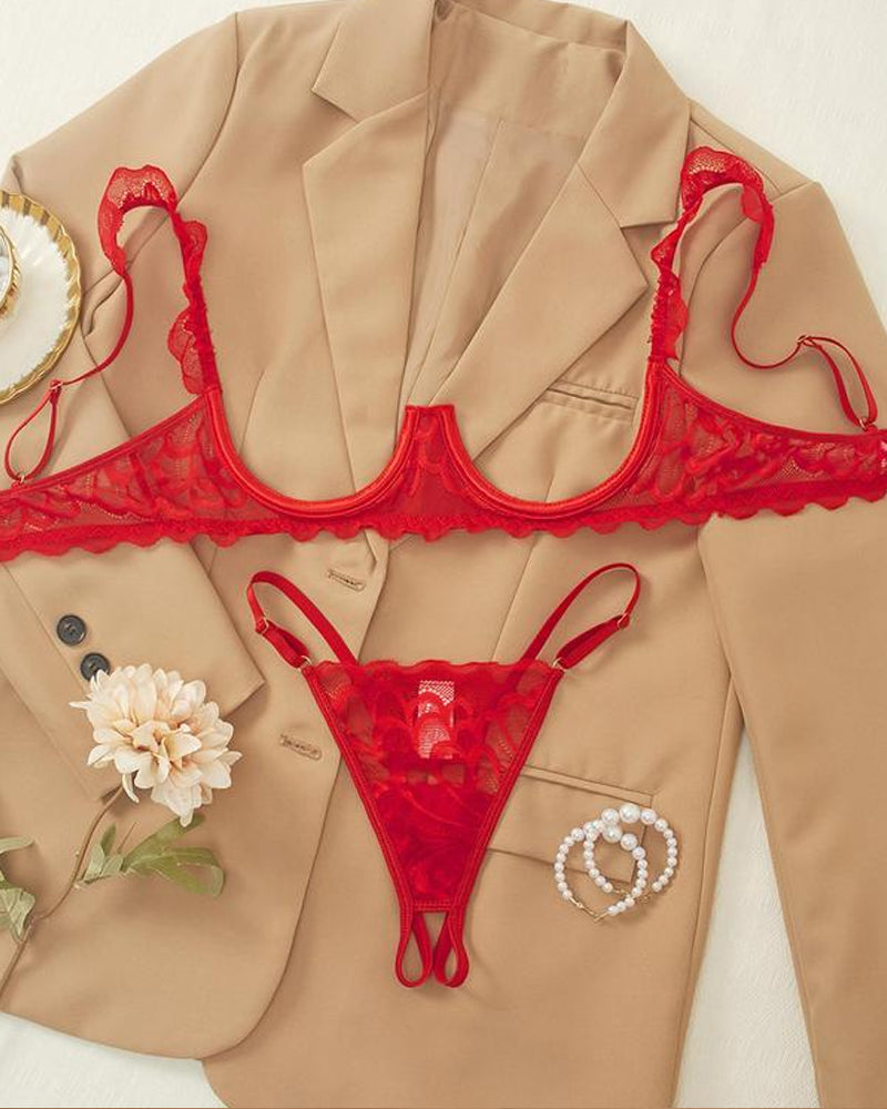 Women's Lace Sxy Underwire Spaghetti Straps Adjustable Bra and Open Crotch Design Thong Set