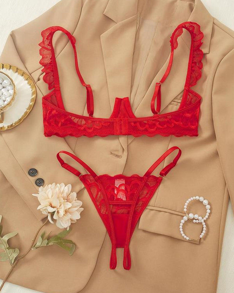 Women's Lace Sxy Underwire Spaghetti Straps Adjustable Bra and Open Crotch Design Thong Set