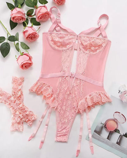 Sxy Lace Mesh Backless Ruffled Decoration Hollow Ring Buckle One-Piece Pajamas