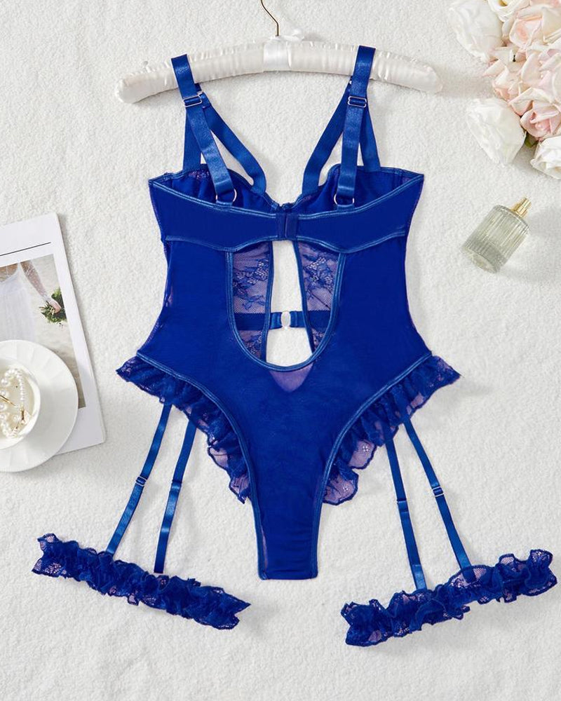 Sxy Lace Mesh Backless Ruffled Decoration Hollow Ring Buckle One-Piece Pajamas