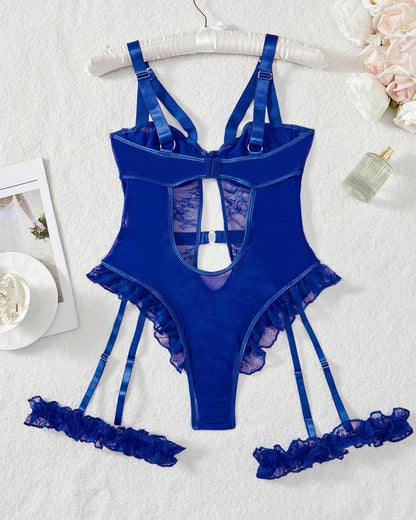Sxy Lace Mesh Backless Ruffled Decoration Hollow Ring Buckle One-Piece Pajamas