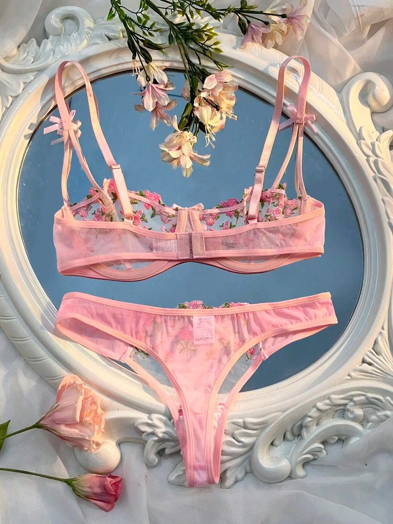 Flower Embroidered Bow Strap Lingerie Set