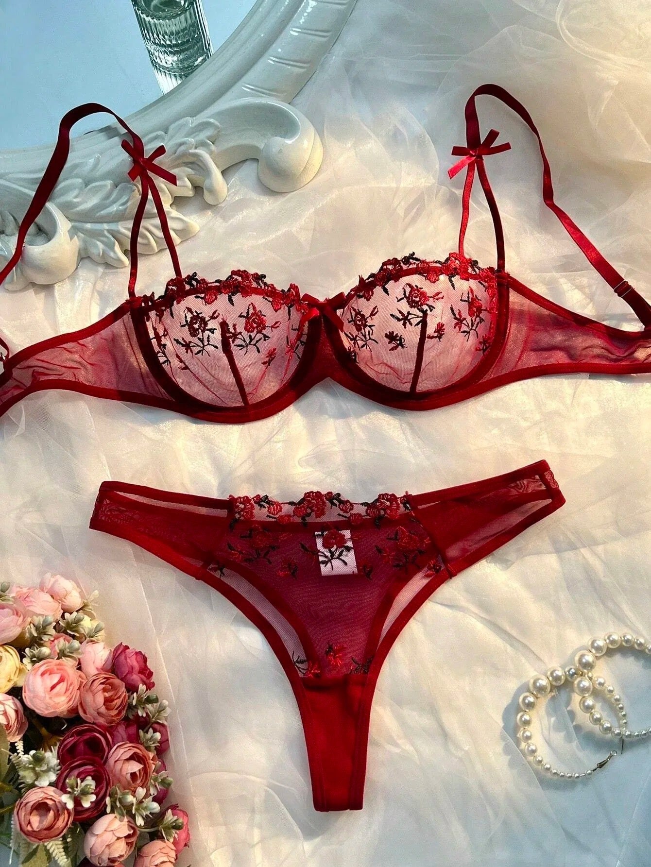 Flower Embroidered Bow Strap Lingerie Set