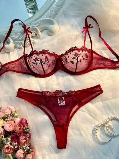 Flower Embroidered Bow Strap Lingerie Set