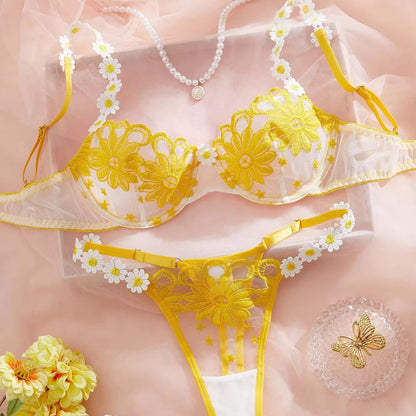 Tranparent UltraThin Floral Emroidery Bra Set
