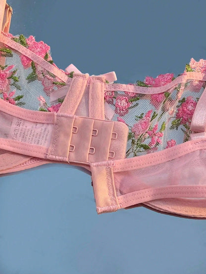 Flower Embroidered Bow Strap Lingerie Set