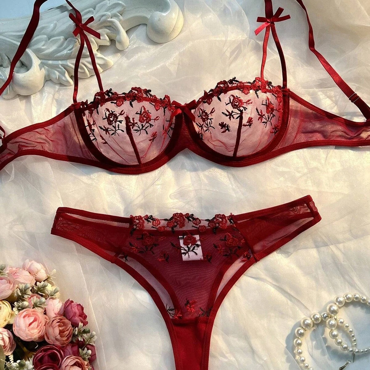 Flower Embroidered Bow Strap Lingerie Set