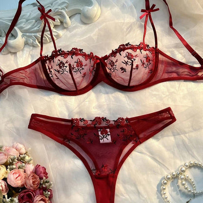 Flower Embroidered Bow Strap Lingerie Set