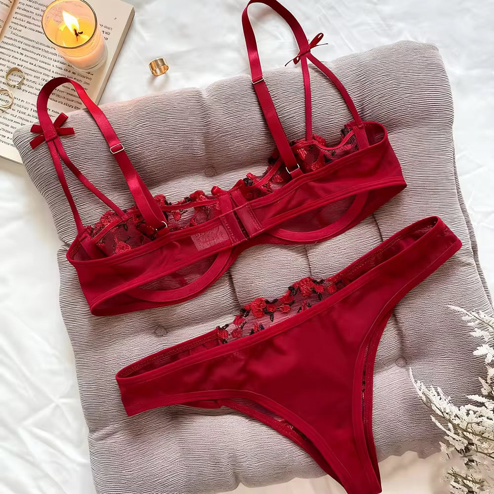 Intimate Floral Mesh Lingerie Set: Double Strap Detail & Sheer Elegance