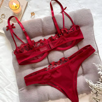 Intimate Floral Mesh Lingerie Set: Double Strap Detail & Sheer Elegance
