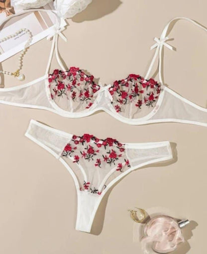 Intimate Floral Mesh Lingerie Set: Double Strap Detail & Sheer Elegance