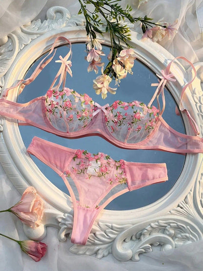 Flower Embroidered Bow Strap Lingerie Set