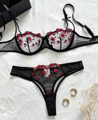 Intimate Floral Mesh Lingerie Set: Double Strap Detail & Sheer Elegance