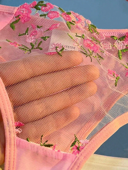 Flower Embroidered Bow Strap Lingerie Set