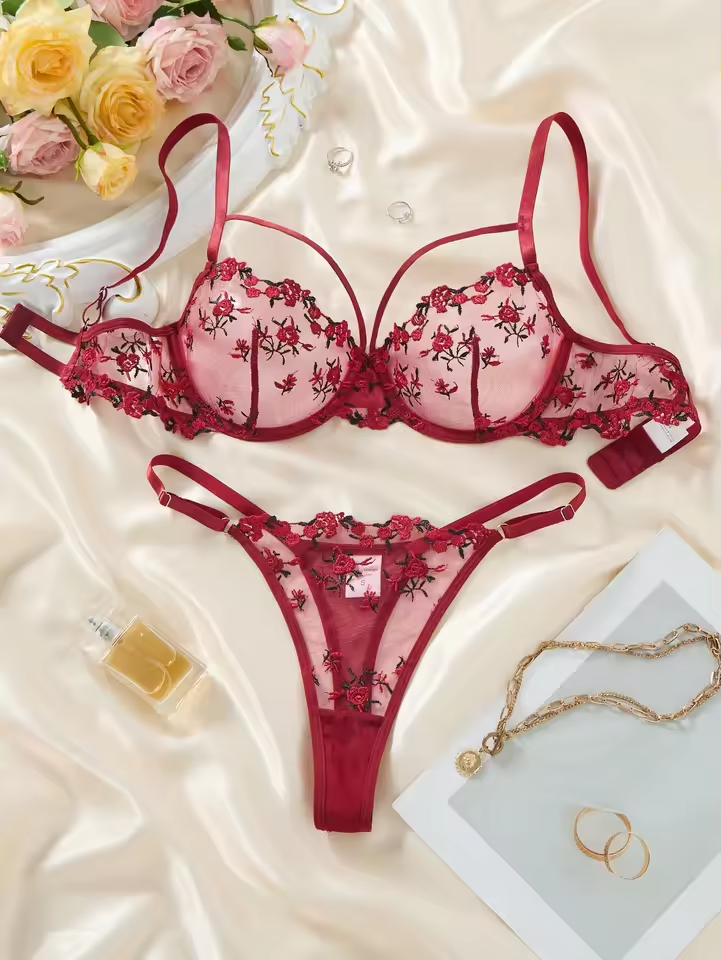Wine Red Floral Lace 2-Piece Set