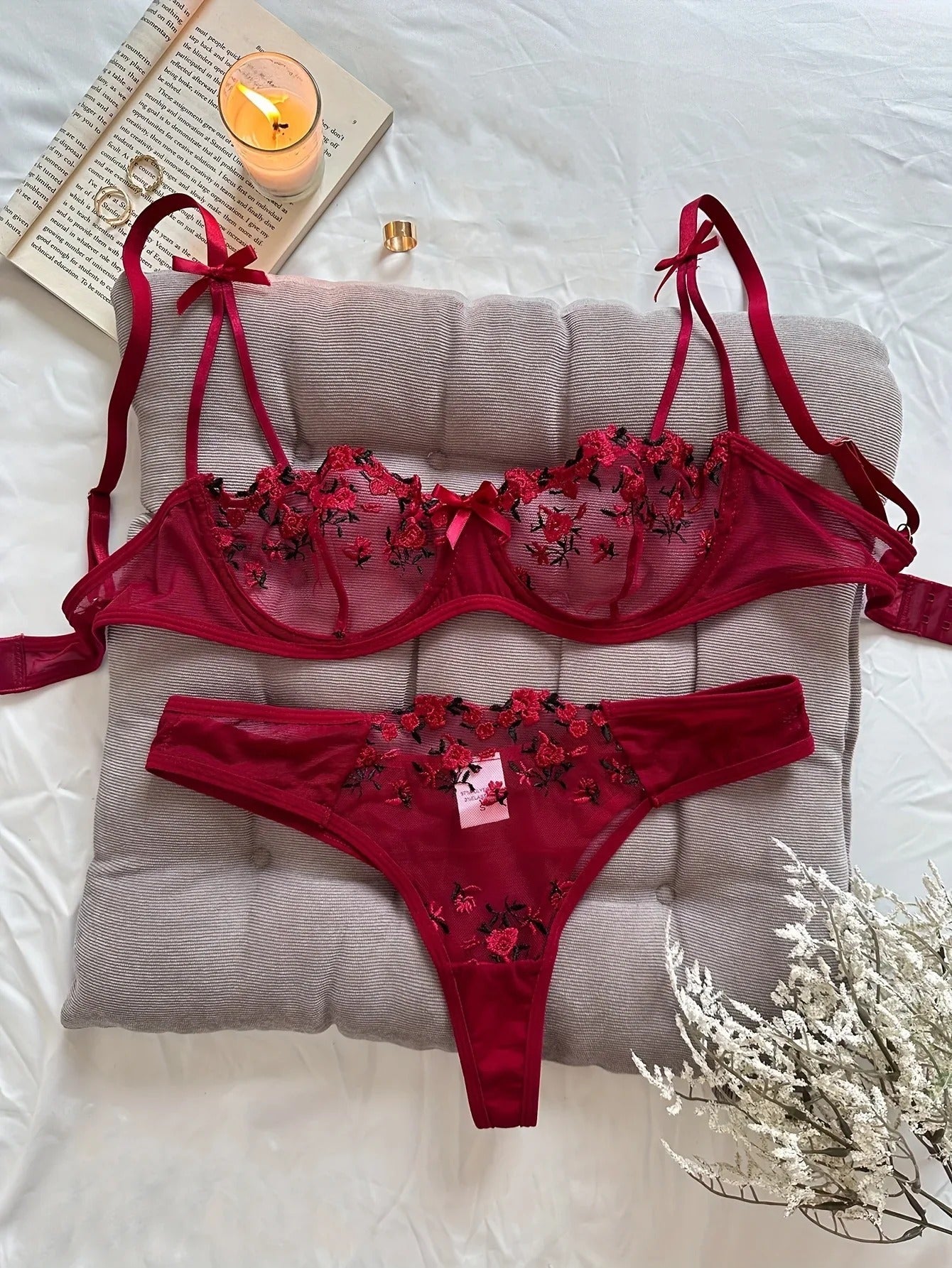 Flower Embroidered Bow Strap Lingerie Set