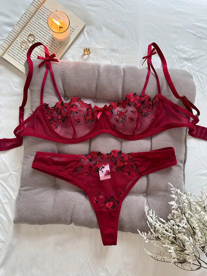 Flower Embroidered Bow Strap Lingerie Set