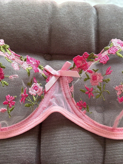 Flower Embroidered Bow Strap Lingerie Set