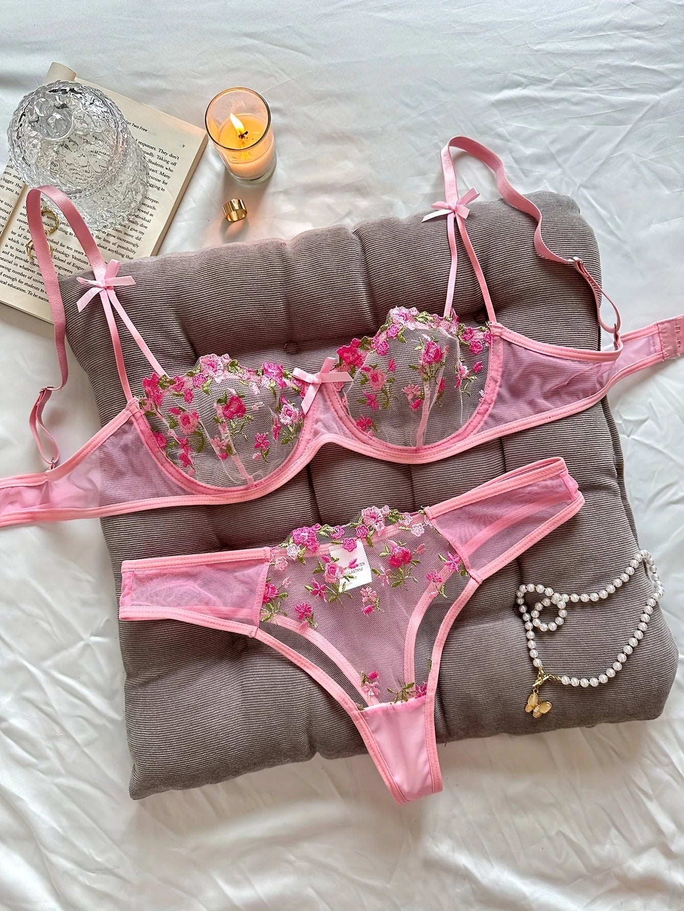 Flower Embroidered Bow Strap Lingerie Set