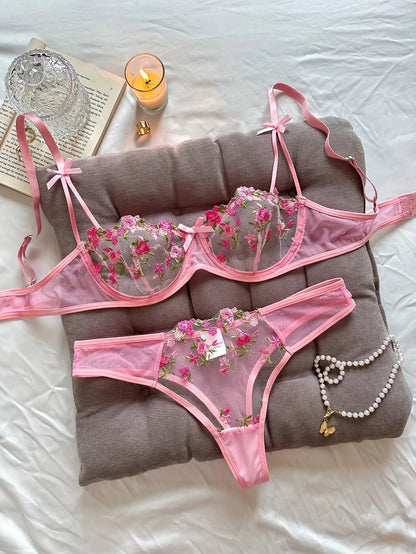 Flower Embroidered Bow Strap Lingerie Set