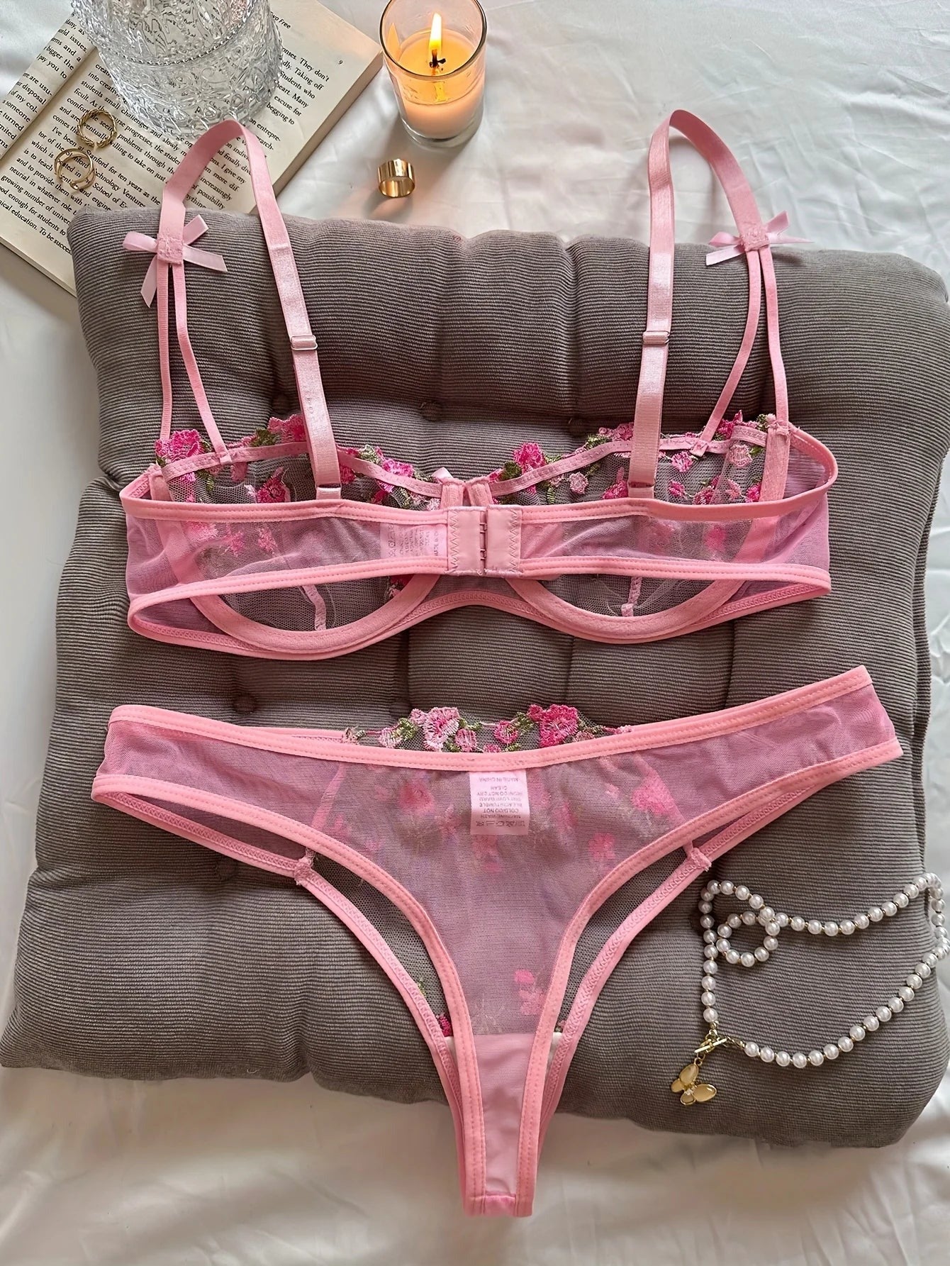 Flower Embroidered Bow Strap Lingerie Set