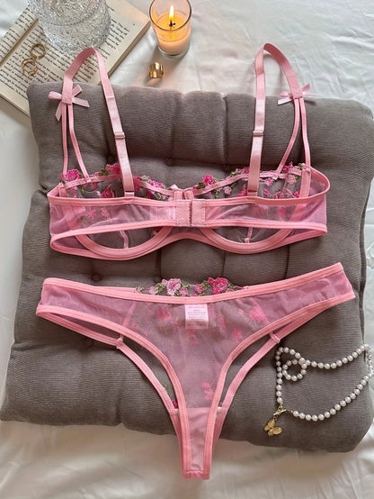 Flower Embroidered Bow Strap Lingerie Set